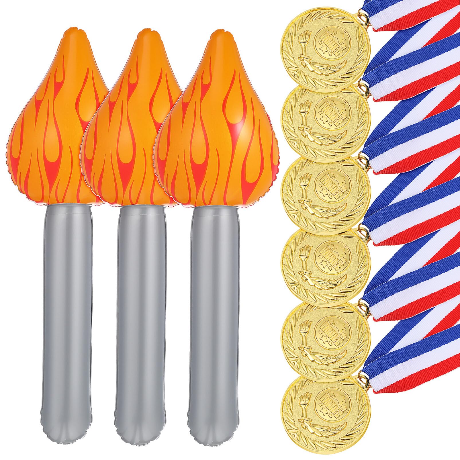 Toyvian 3pcs Inflatable with 6pcs Gold Award Medals Metal Winner Medals for Medieval Luau Themed Party Sports Decorations Competitions Performance Torch Props