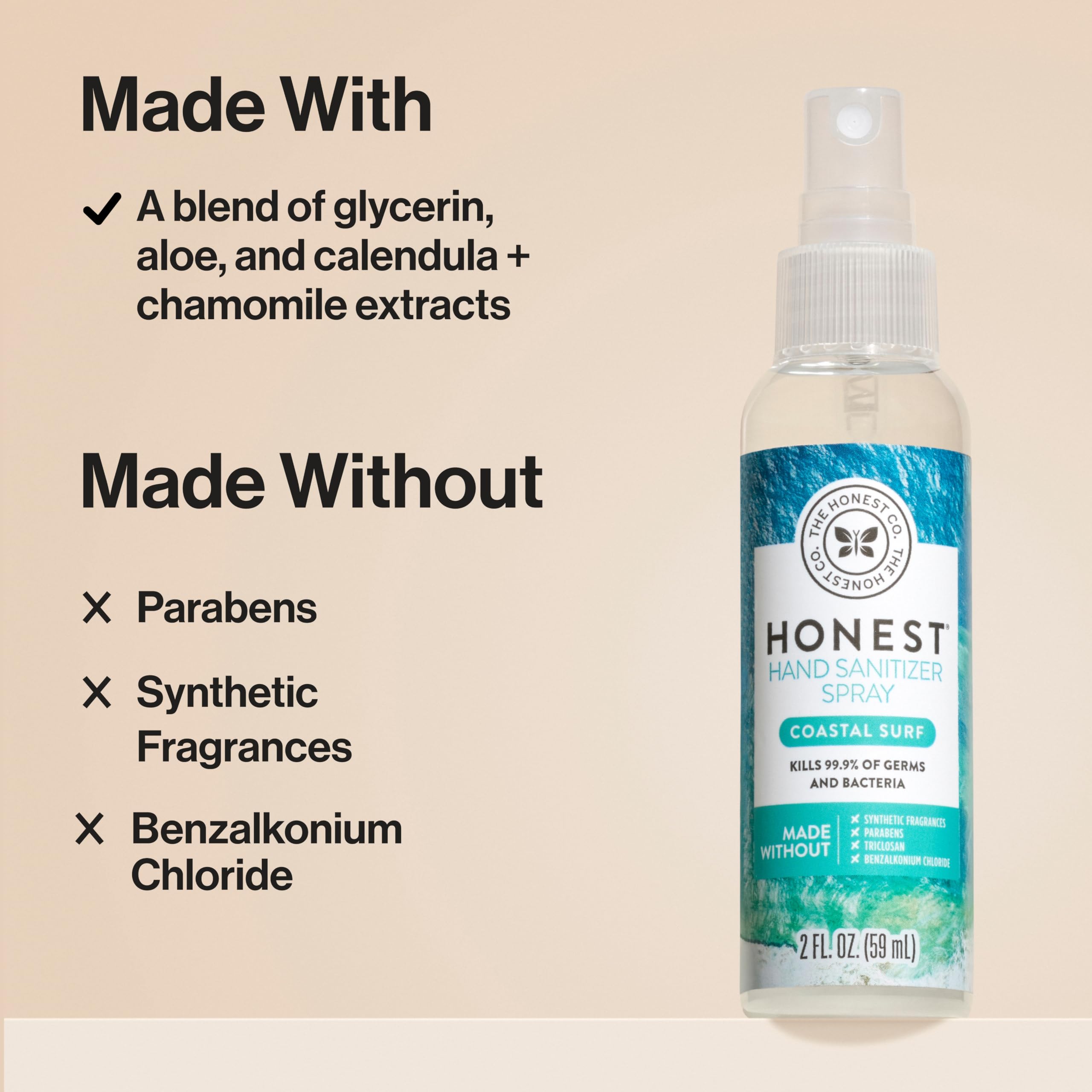 The Honest Company Plant-Based Hand Sanitizer Spray | Kills 99.9% of Germs | Hypoallergenic, Quick-drying + Moisturizing | Coastal Surf, 2 fl oz