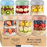DRKIO 16 Oz Glass Overnight Oats Containers with Lids Chia Pudding Jars | 6 Pack Mason Jars, Wide-Mouth, Leak-proof, Stackable, Ideal for Store and Meal Prep Yogurt, Cereals, Snack, Spice, Sugar