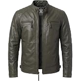 WECNOM Men's Motorcycle Leather Jacket - Real Lambskin Cafe Racer Jacket | Front Zipper Closure, Full Grain Leather, Quilted Shoulder, Stand Up Collar, Biker Jacket, zipper chest pocket