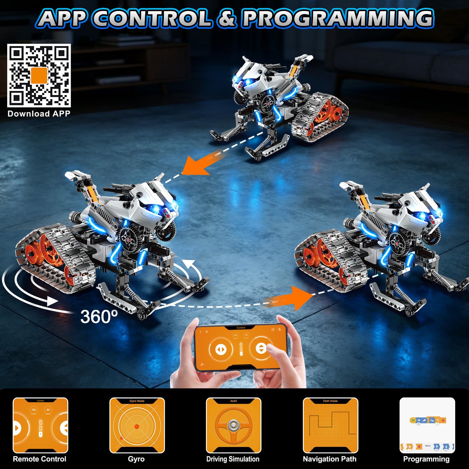 HOGOKIDS 5-in-1 Roboter Bausatz mit LED, RC-Technik Bauspielzeug mit App & Fernbedienung, Panzer-Rennwagen, programmierbar, wiederaufladbar, Geschenk für Jungen und Mädchen von 6–12+ Jahren(604 Teile) 8