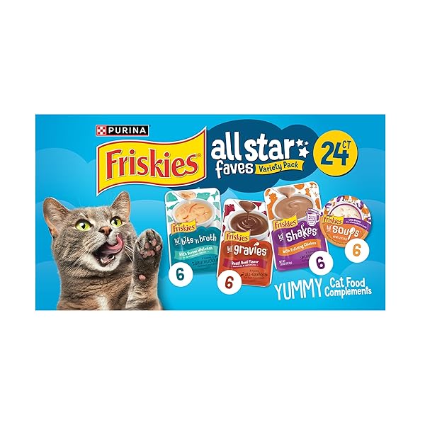 PURINA FRISKIES ALL-STAR FAVES SOUPS, BROTH AND GRAVY CAT FOOD COMPLEMENT WET CAT FOOD VARIETY PACK – 24 CT. BOX