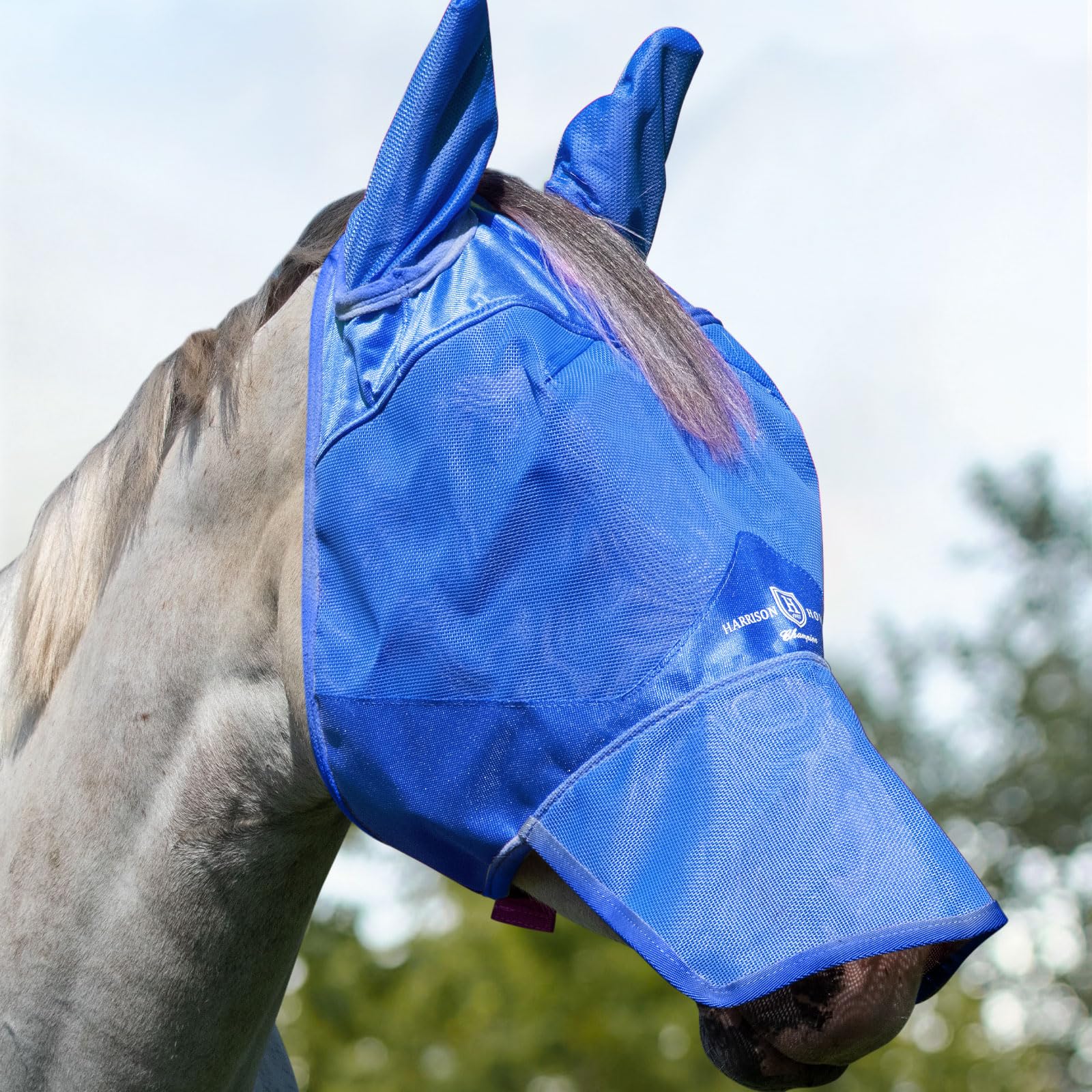 Harrison Howard Horse Fly Mask Long Nose with Ears Signature Blue Horse Large