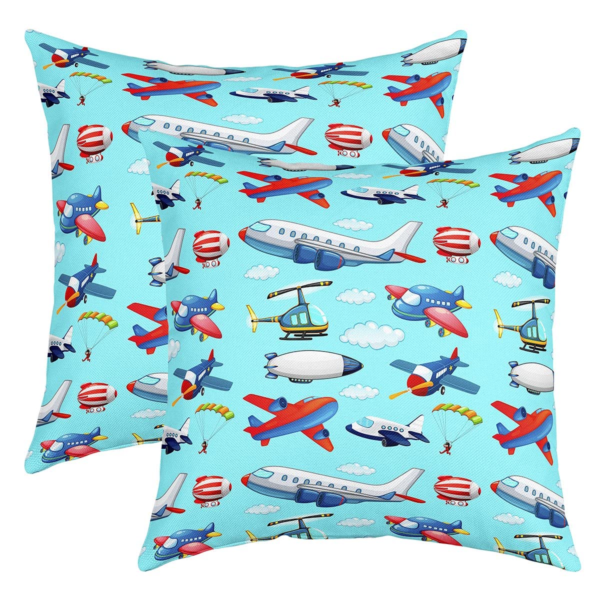 Cartoon Aircraft Throw Pillow Covers 20"x20" Set of 2 Soft Airplane Print Cushion Covers for for Sofa Aircraft Flying Helicopter Plane Light Blue Decorative Pillowcases Outdoor Pillows Covers