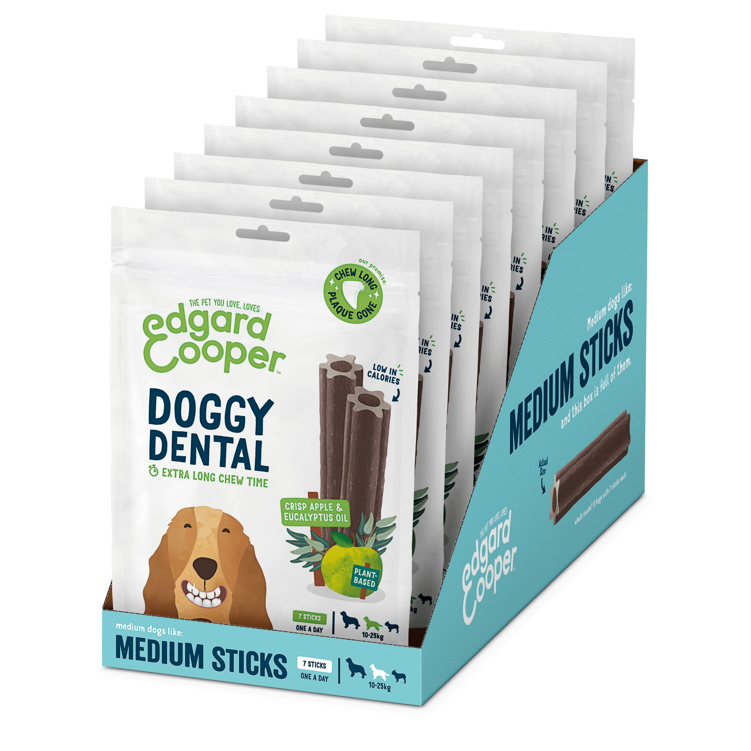 Edgard Cooper Treats Dental Stick, Medium, Eucalyptus Apple, 8 x 7 stick pack, Natural Dog Chew Sticks, Dental Hygiene, One per Day, Low Calorie, Long Chewing, Fresh Breath