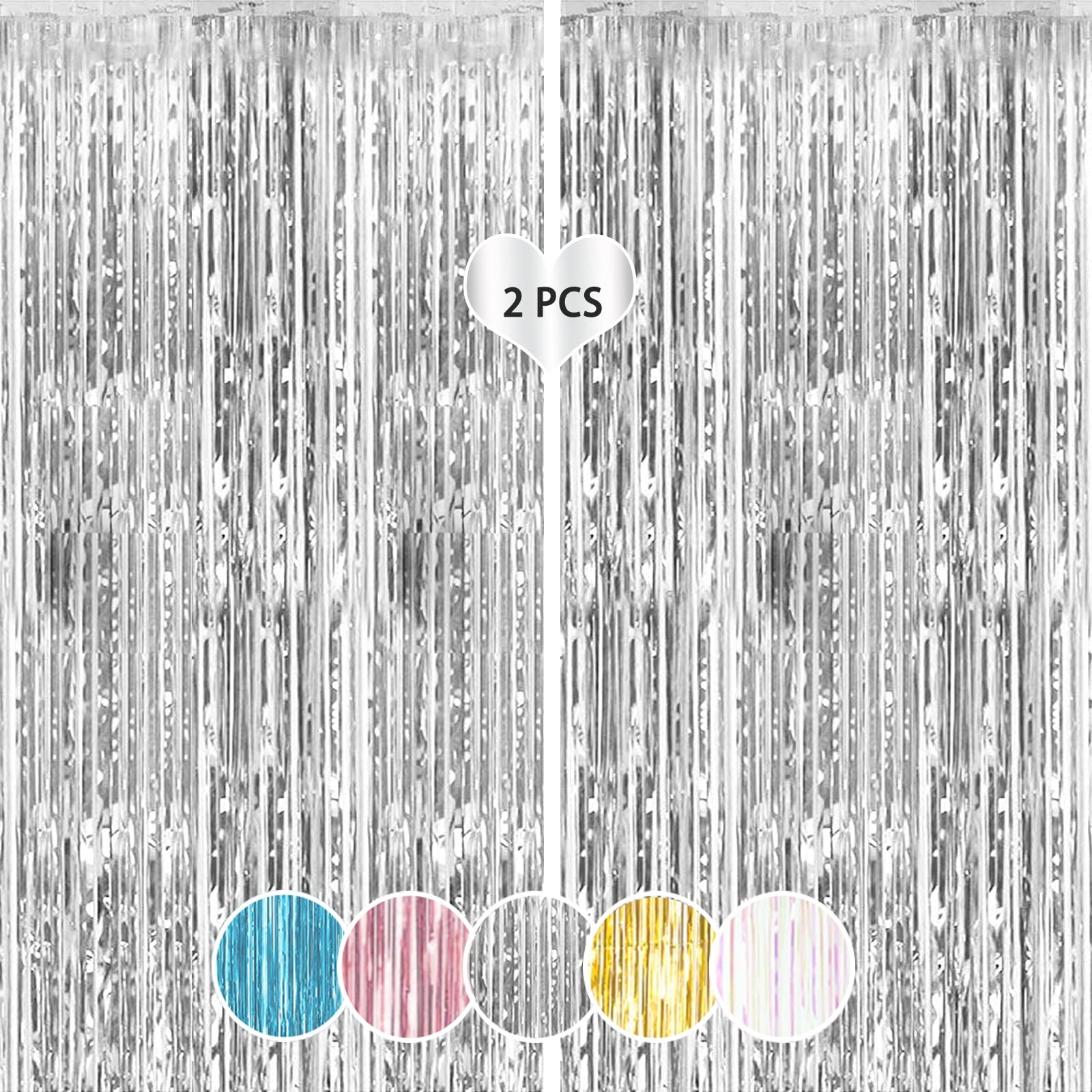 2 Pack Metallic Tinsel Foil Fringe Curtains, Photo Booth Backdrop Hanging Door Streamers for Birthday Party Decorations, 3.2Ft x 6.56Ft (Silver)