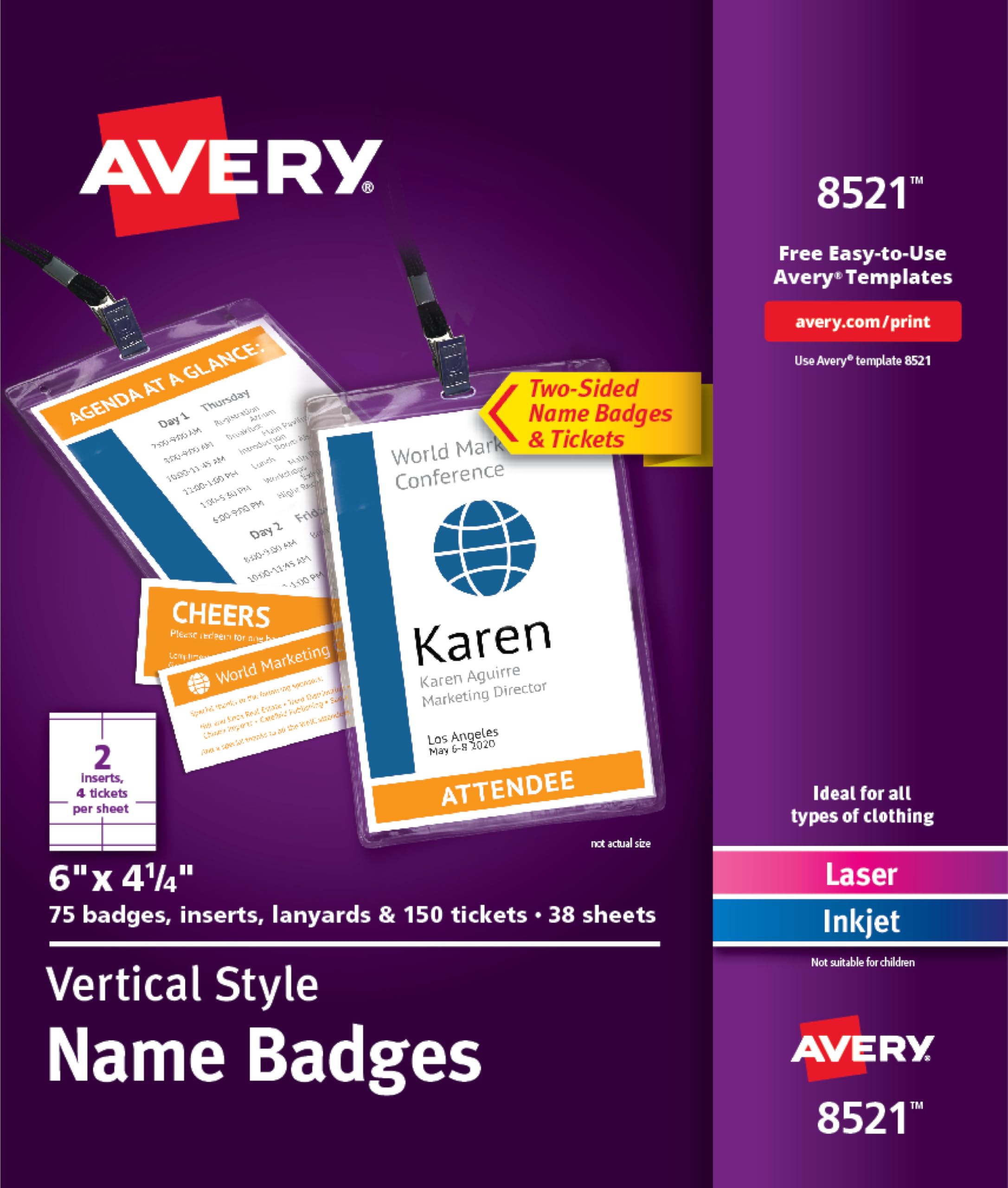 Avery Customizable Name Badges, 6" x 4.25", Laser/Inkjet Printable Inserts, Including Tickets, 75 Vertical Name Tag Holders, Includes Lanyards (8521)