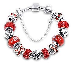 Savlano Silver Tone Red Charm Bracelet with Crystal