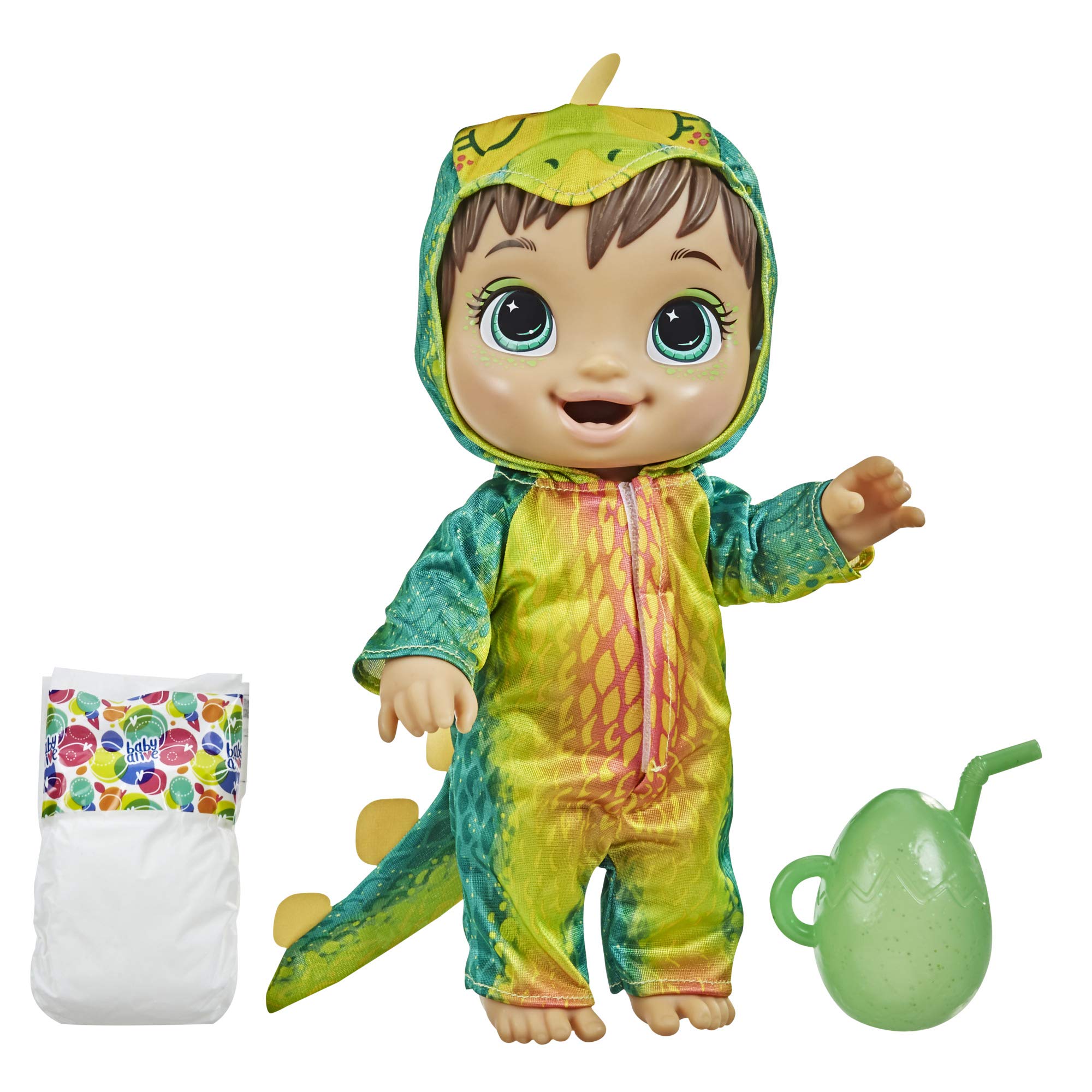 Baby Alive Dino Cuties Doll, Stegosaurus, Doll Accessories, Drinks, Wets, Stegosaurus Dinosaur Toy for Kids Ages 3 Years and Up, Brown Hair
