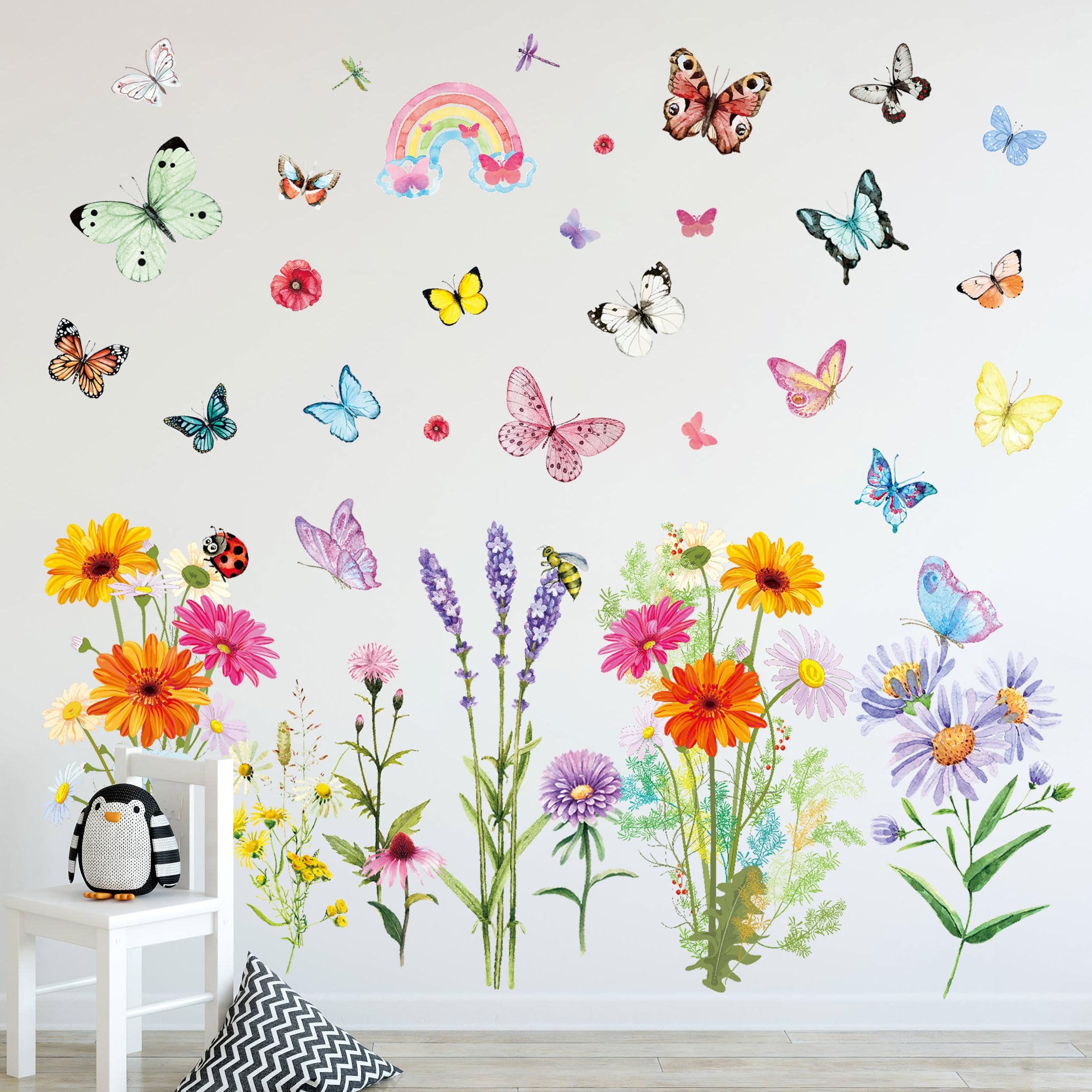 Flower Wall Stickers Colorful Butterfly Wall Stickers Daisy Rainbow Kids Wildflower Butterflies for Kids Girls Bedrooms Living Room Nursery Decoration