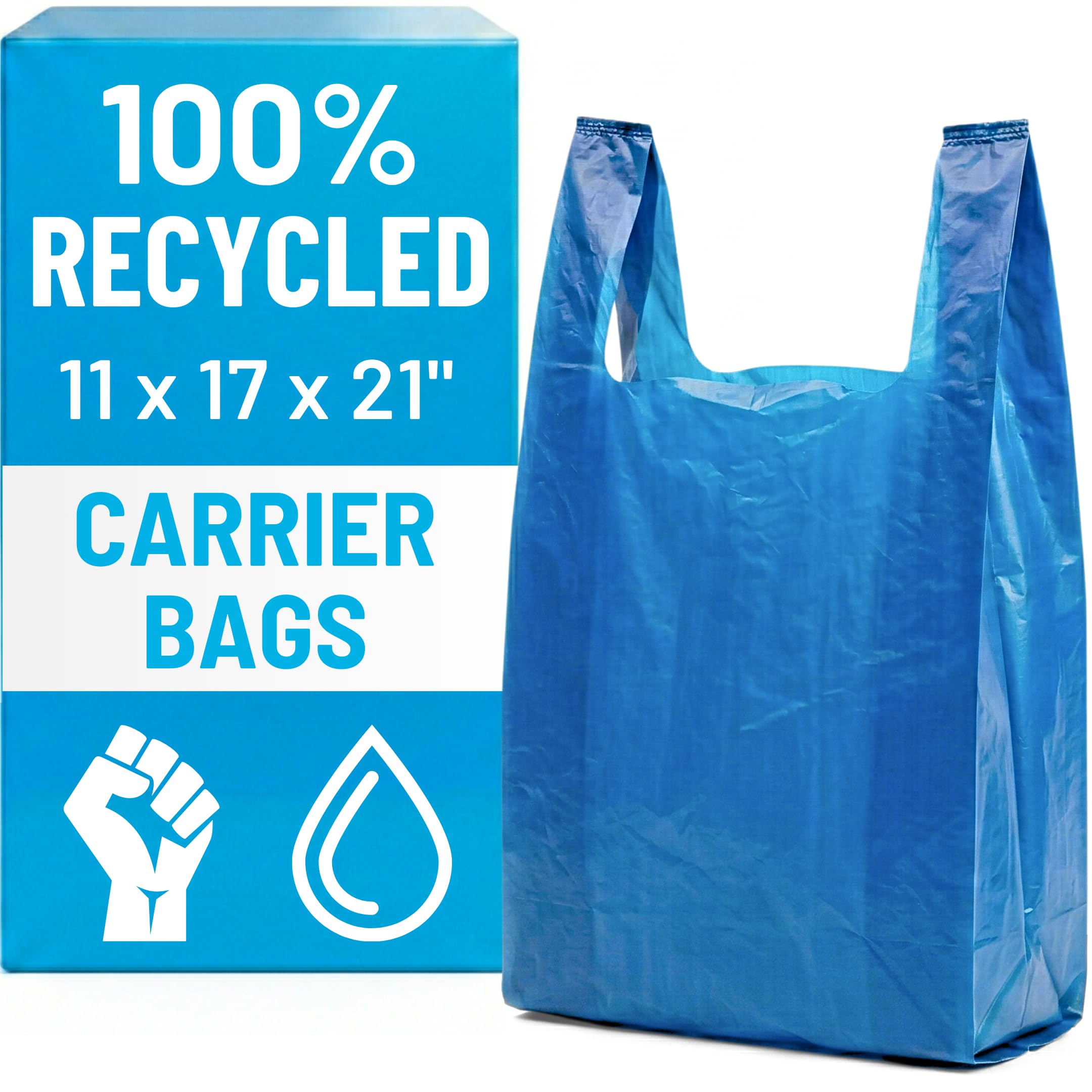 PWgoods 100% Recycled Plastic Carrier Bags - Blue, Large 11 x 17 x 21, Heavy Duty 22mu, 400 Pack, Easy Tie Handles, Takeaway Shopping Retail Grocery Bin Bag