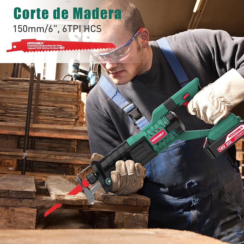 Serra sabre sem fio, hychika 18v, serra alternativa com 2 baterias de 2,0ah, 0-2800 rpm, ideal para cortar madeira e metal