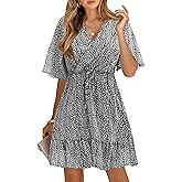 KIRUNDO Womens Summer Dresses 2026 Casual Spring Short Sleeve V Neck Ruffle Floral Print High Waist Belted Flowy Mini Dress