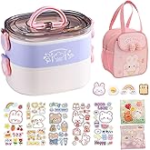 Paidideng Kawaii Bento Box Bento Lunch Box with Lunch Bag,Tableware,Biscuit bags,2 Layers Stacked Leakproof Cute Lunch Box,for Travel,Office,Gym. (purple)