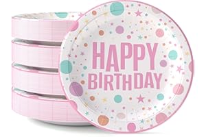 Exquisite Party Solids Pink Happy Birthday Paper Plates - 7 Inch, 50 Pack, 350 GSM