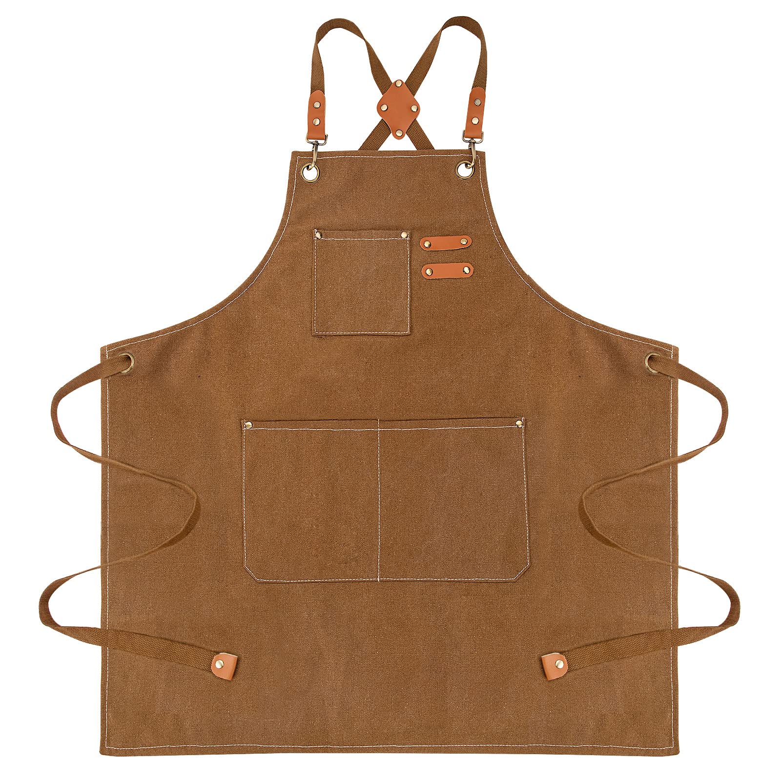 Berkelen Chef Apron for Men Women, Cotton Canvas Cross Back Apron Water Resistant Adjustable Work Aprons with Pockets for Restaurant Coffee House Home Kitchen Gardening Brown