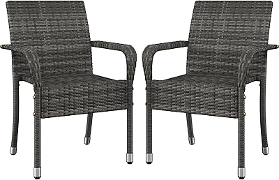 Yaheetech 2er Set Polyrattan Gartenstühle Stapelbar, Rattanstühle Stapelstuhl mit Armlehnen & Rückenlehne, Rattan Stuhl Balkonstuhl für Garten Balkon Terrasse, Grau 58×58×84cm