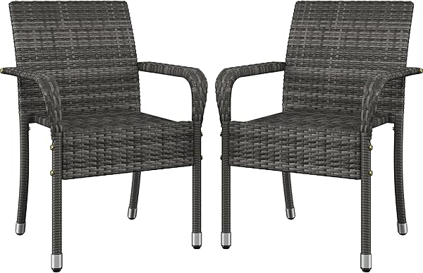 Yaheetech 2er Set Polyrattan Gartenstühle Stapelbar, Rattanstühle Stapelstuhl mit Armlehnen & Rückenlehne, Rattan Stuhl Balkonstuhl für Garten Balkon Terrasse, Grau 58×58×84cm