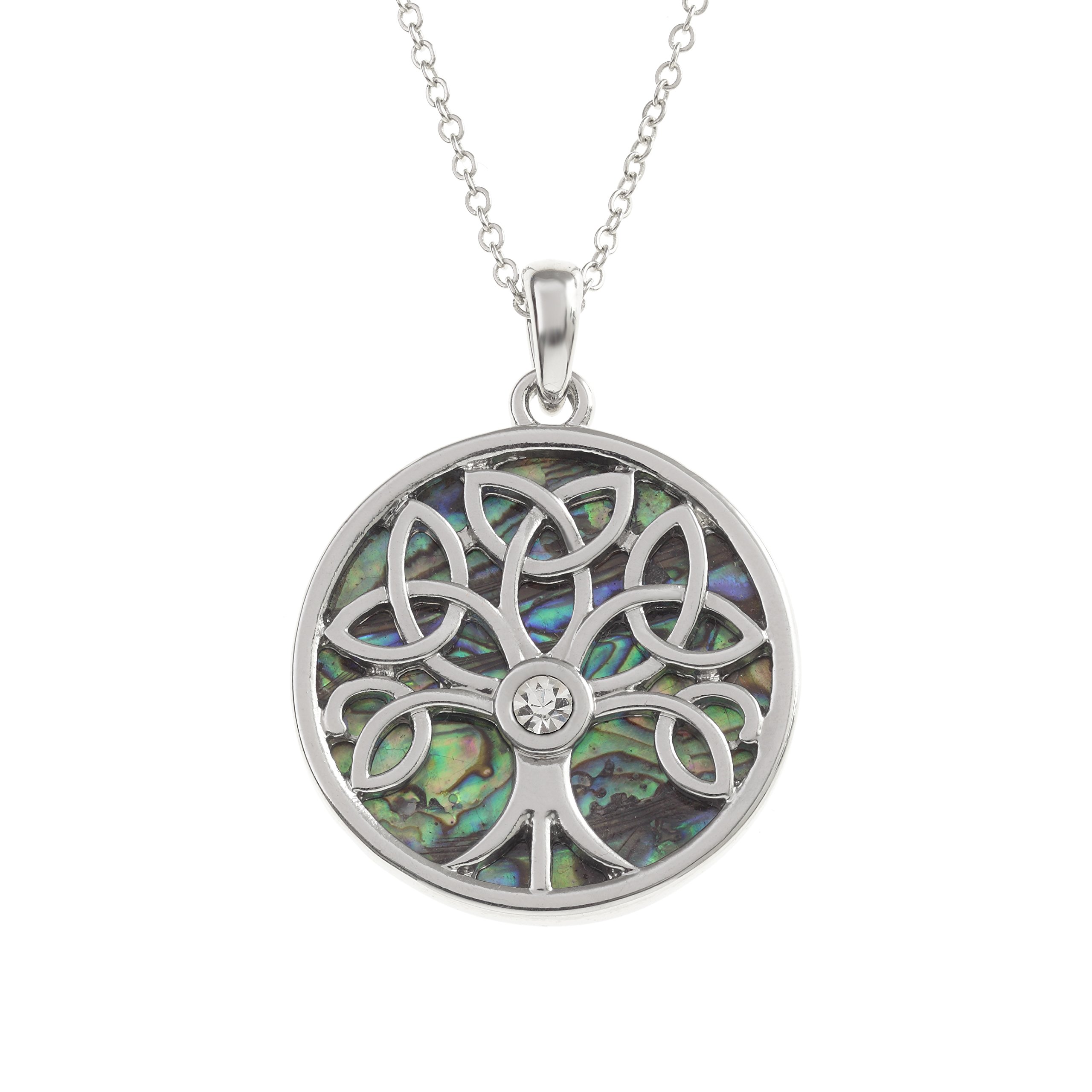 Kiara Jewellery Reversible Celtic Tree Of Life Pendant Necklace Inlaid With Bluish Green Paua Abalone Shell with inset glass stone on 18" Trace Chain. Non Tarnish Plating