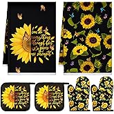 Bencailor 6 Pcs Spring Kitchen Decor Sunflower Pot Holders and Oven Mitts Stes Yellow Kitchen Towel 2 Farmhouse Cooking Mittens for Cooking Grilling Supply Accessories(Black,Sunflower)