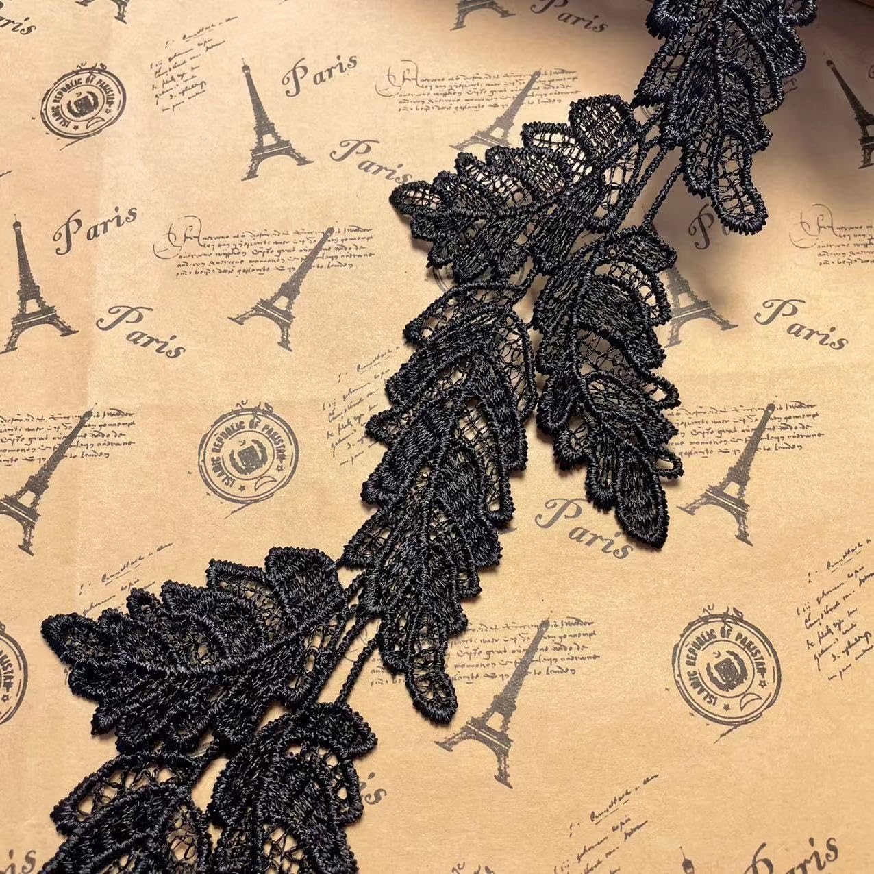 2 Yards Leaf Shape Lace Edge Trim Ribbon 9.5 cm Vintage Style Trimmings Fabric Embroidered Applique Sewing Craft Wedding Bridal Dress Embellishment DIY Party Decoration Clothes Embroidery (Black)