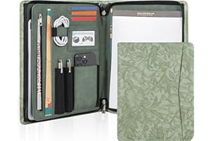 AZXCG Leather Portfolio with Zipper, Embossed PU Leather Padfolio Folio, Professional Business Document Organizer with A4 Letter Sized Writing Pad Holder, Handmade Gifts for Women/Men(Green)