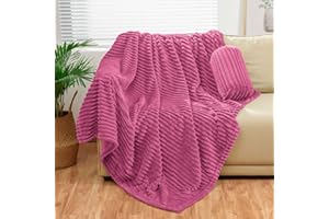 BNuitland Rose Red Flannel Throw with Storage Pouch,300GSM Super Soft Fleece Stripe Pattern Sofa Blanket for Adults and Kids, Lightweight Cozy Bed Throw for Home Decor All Season