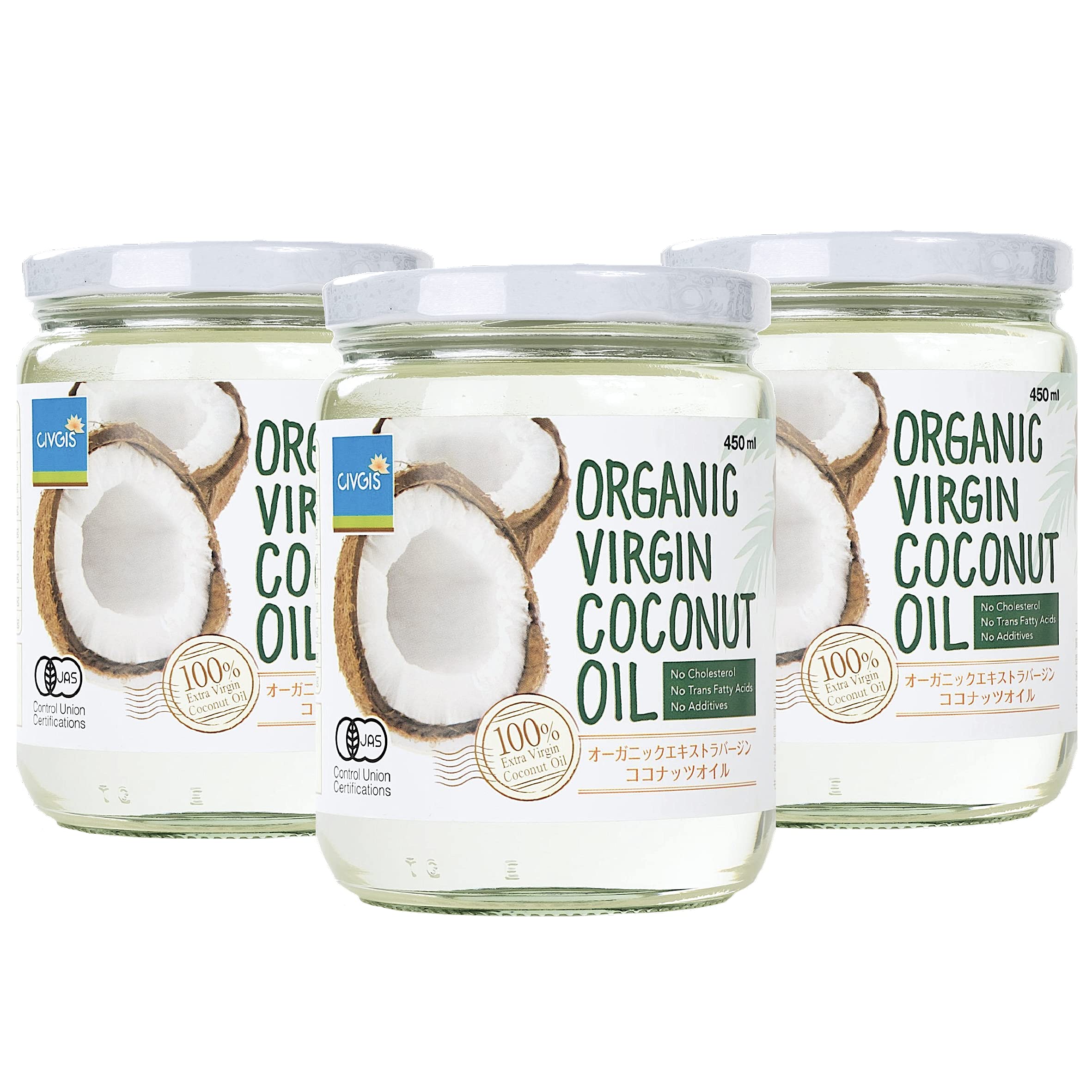 ココナッツオイル「有機オーガニック エキストラバージン」450ml「タイ産」【無添加 非加熱 非精製 コールドプレス】ハラール ビーガン（有機JAS・USDA・EU・3大認証取得） (3本セット) の商品画像