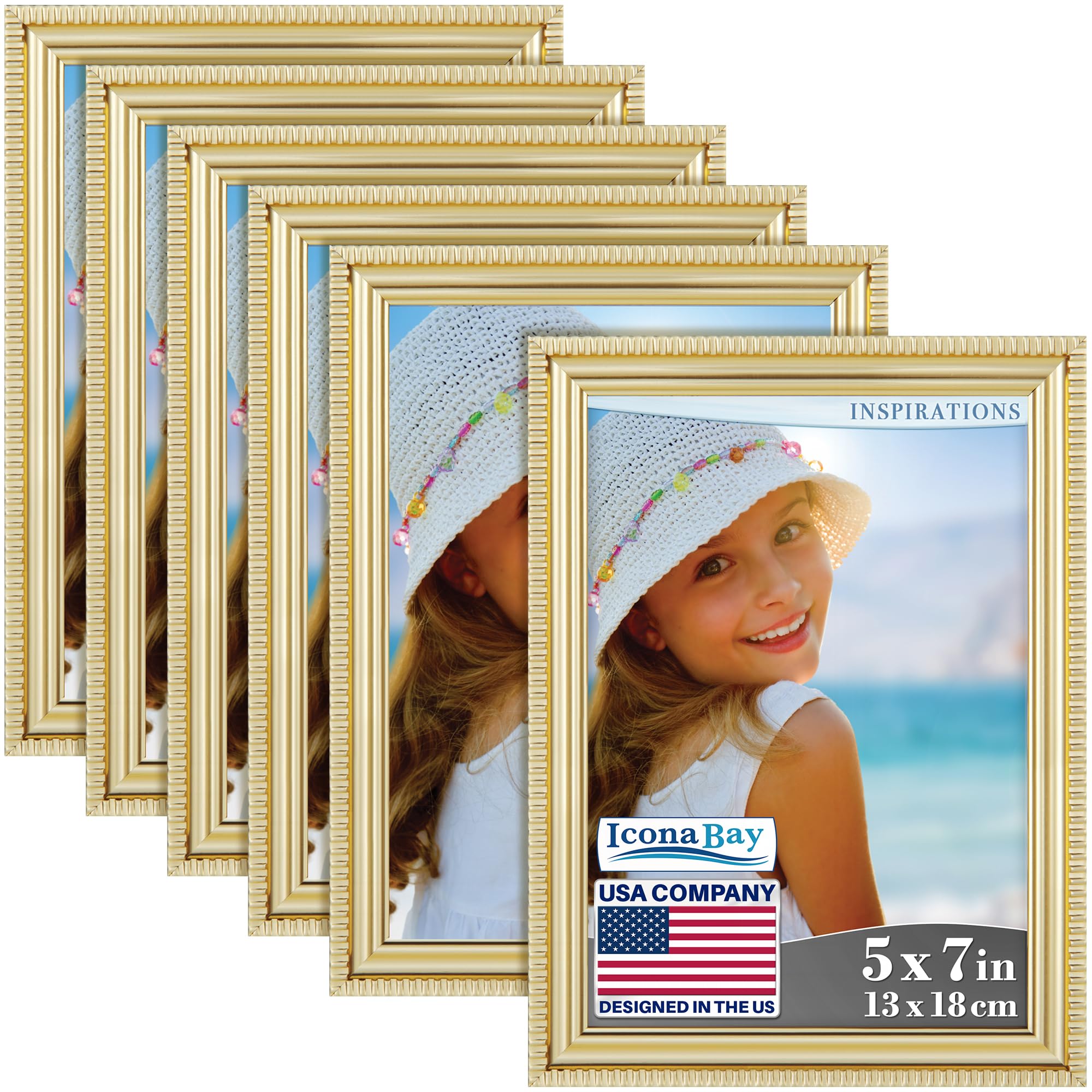 Icona Bay - 7x5 inch Picture Frames - Gold, 6 Pack - Beautifully Detailed Moulding - Contemporary Picture Frame Set - Wall Mount or Table Top - Inspirations Collection