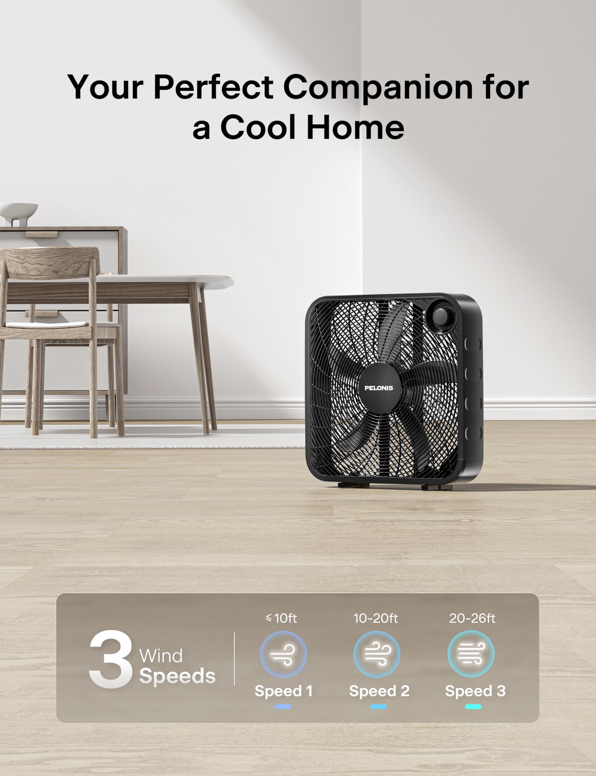 PELONIS 20 Inch Box Fan – 3 Speeds, Window Fans, Floor or Tabletop, 25ft/s, 2025 Upgraded, Superior Air Throw (2295 CFM), Lightweight, 5 Blades, Fans for Bedroom, Office, Living Room, Garage