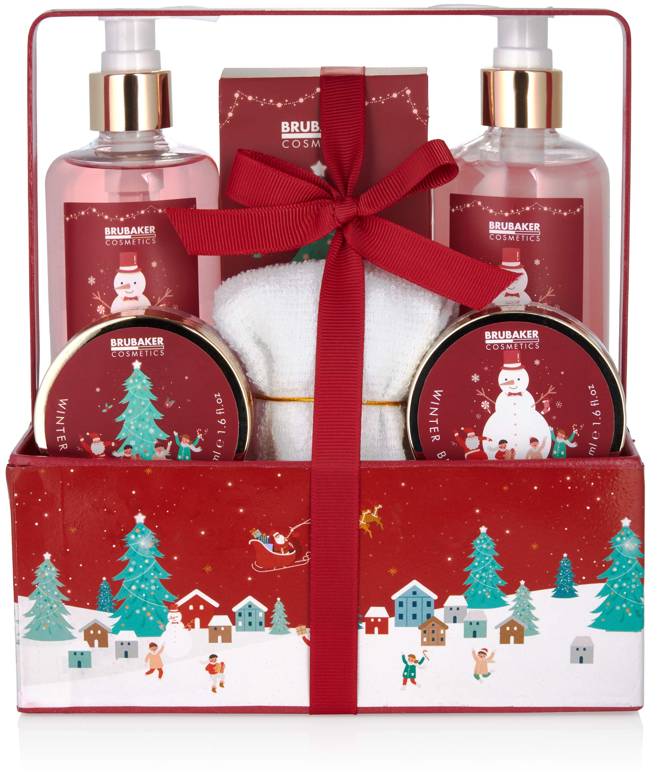 BRUBAKER Cosmetics Bath and Shower Set Winter Berry Fragrance - 7-Piece Gift Set and a Christmas Plant Box with Towel Christmas - Christmas Set for Women and Men