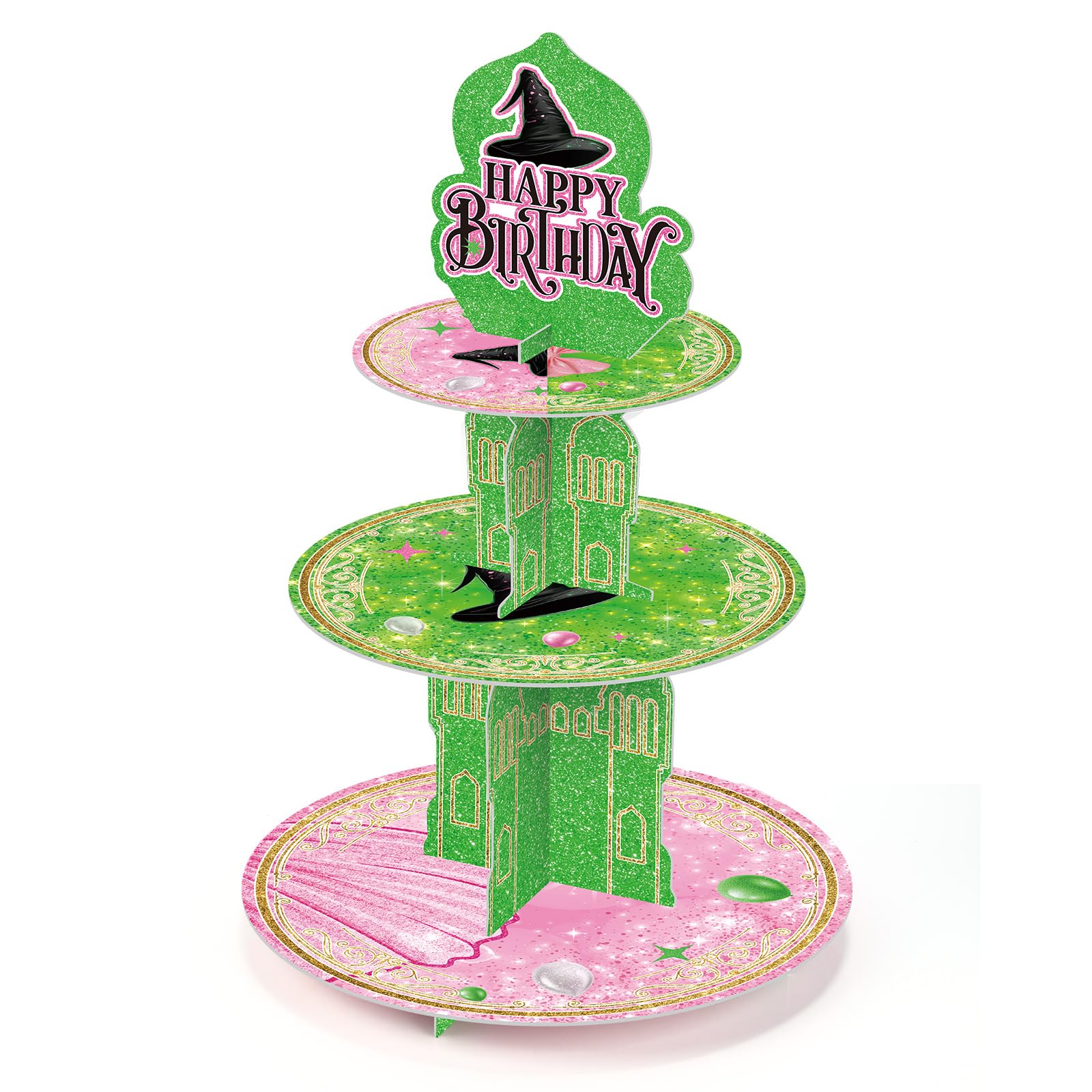 Photo 1 of Baderke 3 Tier Pink and Green Cupcake Stand Decoration Witch Themed Happy Birthday Desert Tower Cardboard Cake Stand with Topper Women Party Cupcake Display Holder Table Centerpiece Supplies