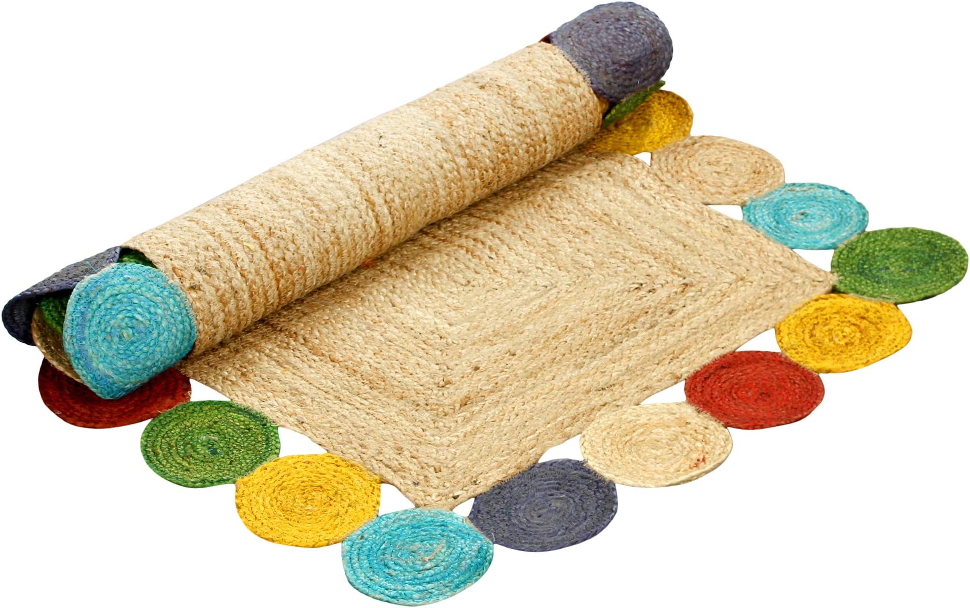 Aakriti Gallery Fair Trade Natural color Rectangular with round border Handmade 100% Jute Rug Chindi Rug Multi Colored Indian Mat Recycled Rug Boho Decorative Rug (150x90 cms)