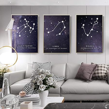Amazon Co Jp 星座干支星幾何学的な抽象的なキャンバスルーム装飾画hdアートぶら下げ絵画うお座がん牡羊座てんびん座 40x60cmx3フレームなし Generic
