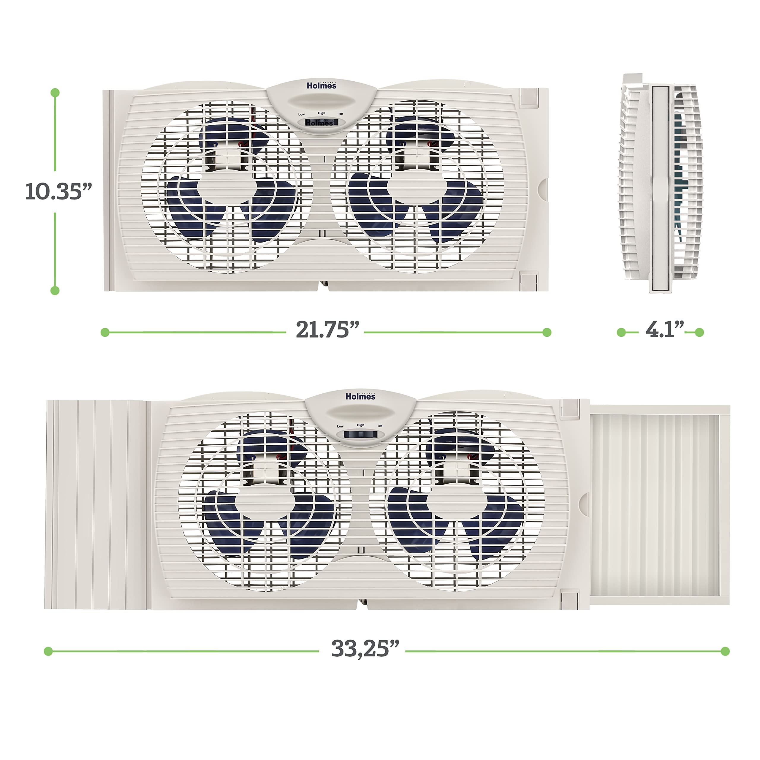 HOLMES Blade Manual Window Fan with Double Sided Speed Control, Dual 3 Blade Fans, Reversible Intake and Exhaust, Expandable Side Panel with Additional Extender Panels, White