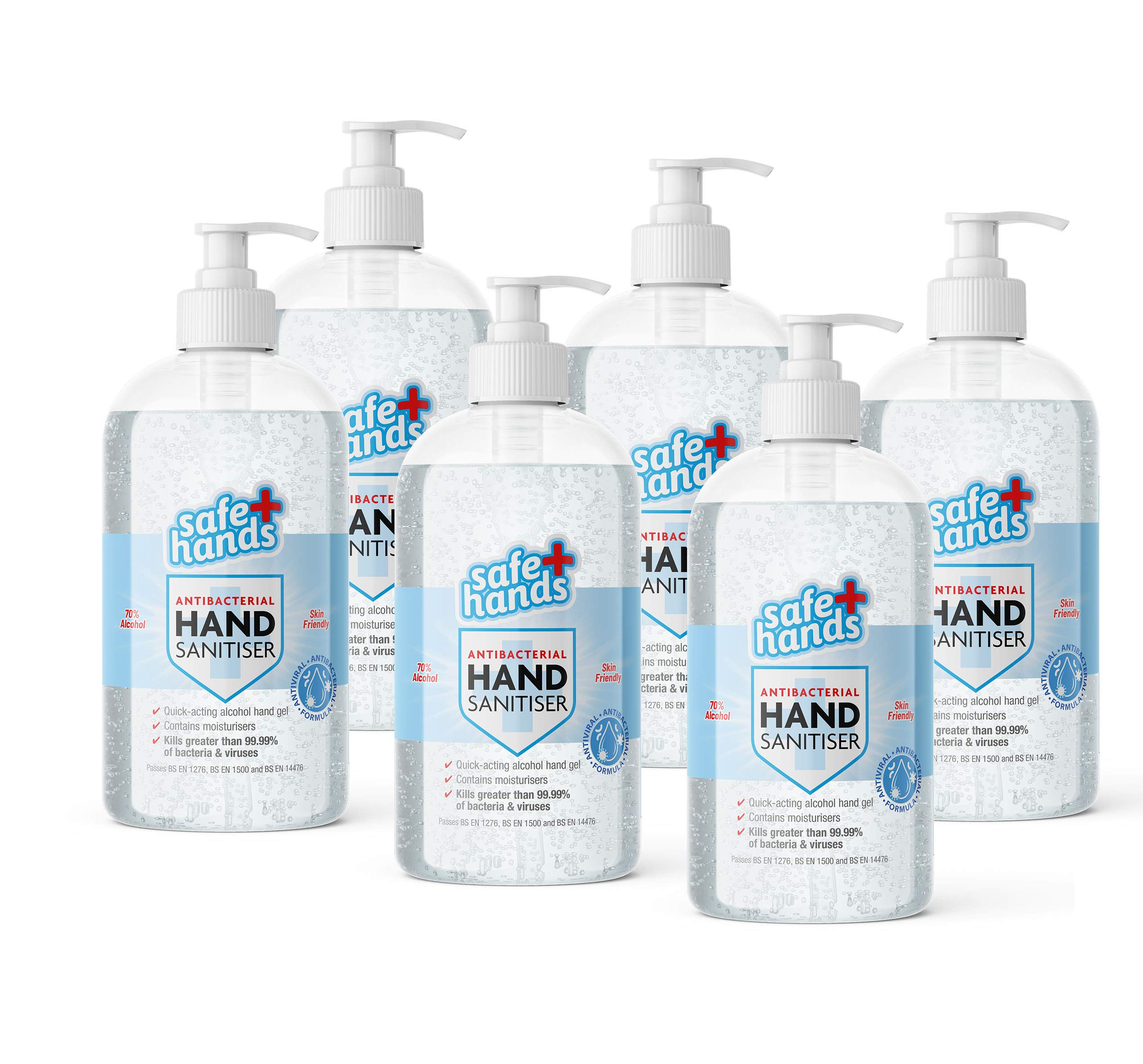 Safe Hands | Hand Sanitiser Gel | 70% Alcohol | 500ml (6 Pack) | Antibacterial & Antiviral Hand Sanitizer | Kills >99.99% of Bacteria & Viruses | Fully Certified | Contains Moisturisers | Refill