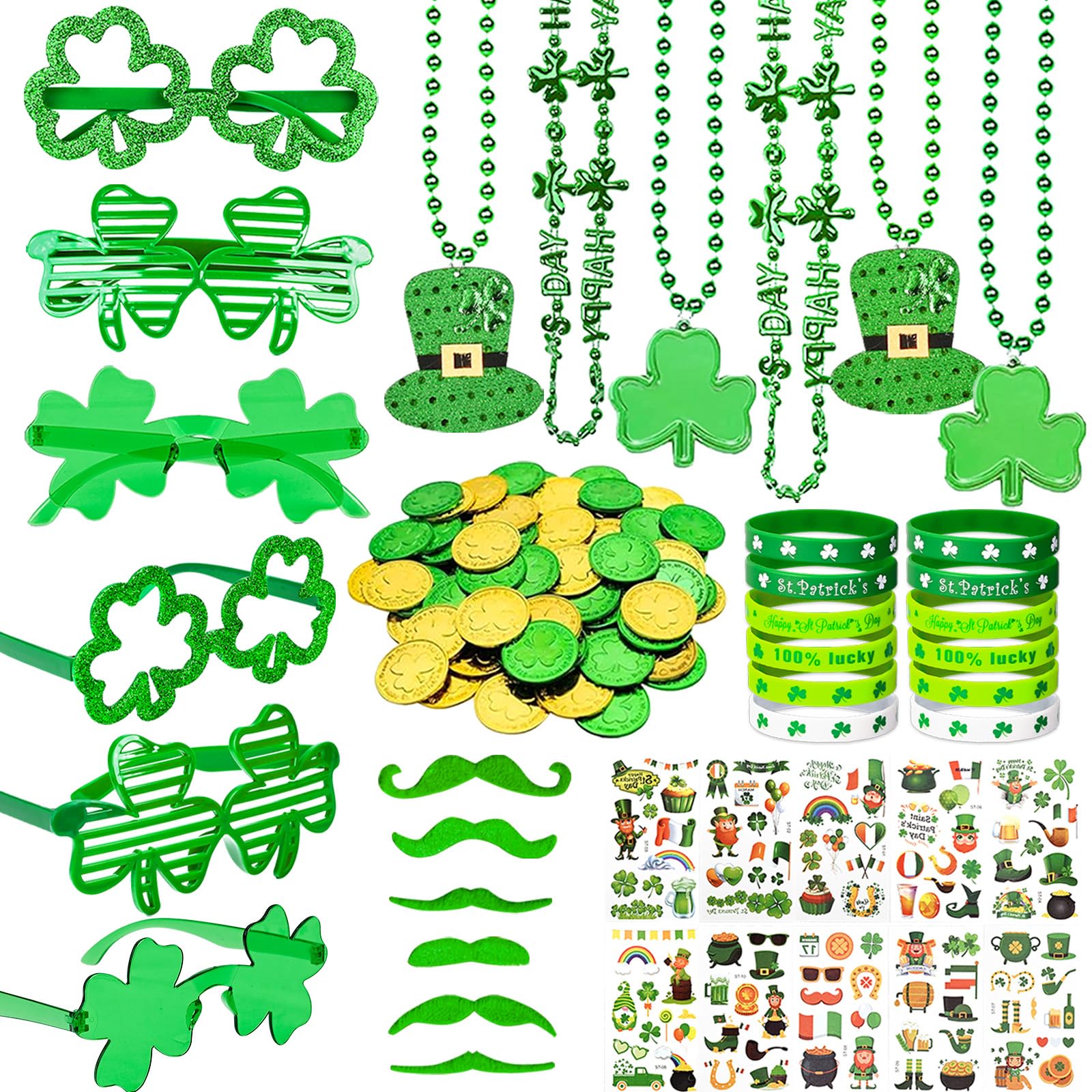 Photo 1 of 160PCS St. Patrick's Day Accessories Party Favor Set, Shamrock Party Supplies Set with Green Bead Necklaces, Clover Glasses, Mustache, Lucky Coins, Temporary Tattoos, Irish Festival Party Decorations