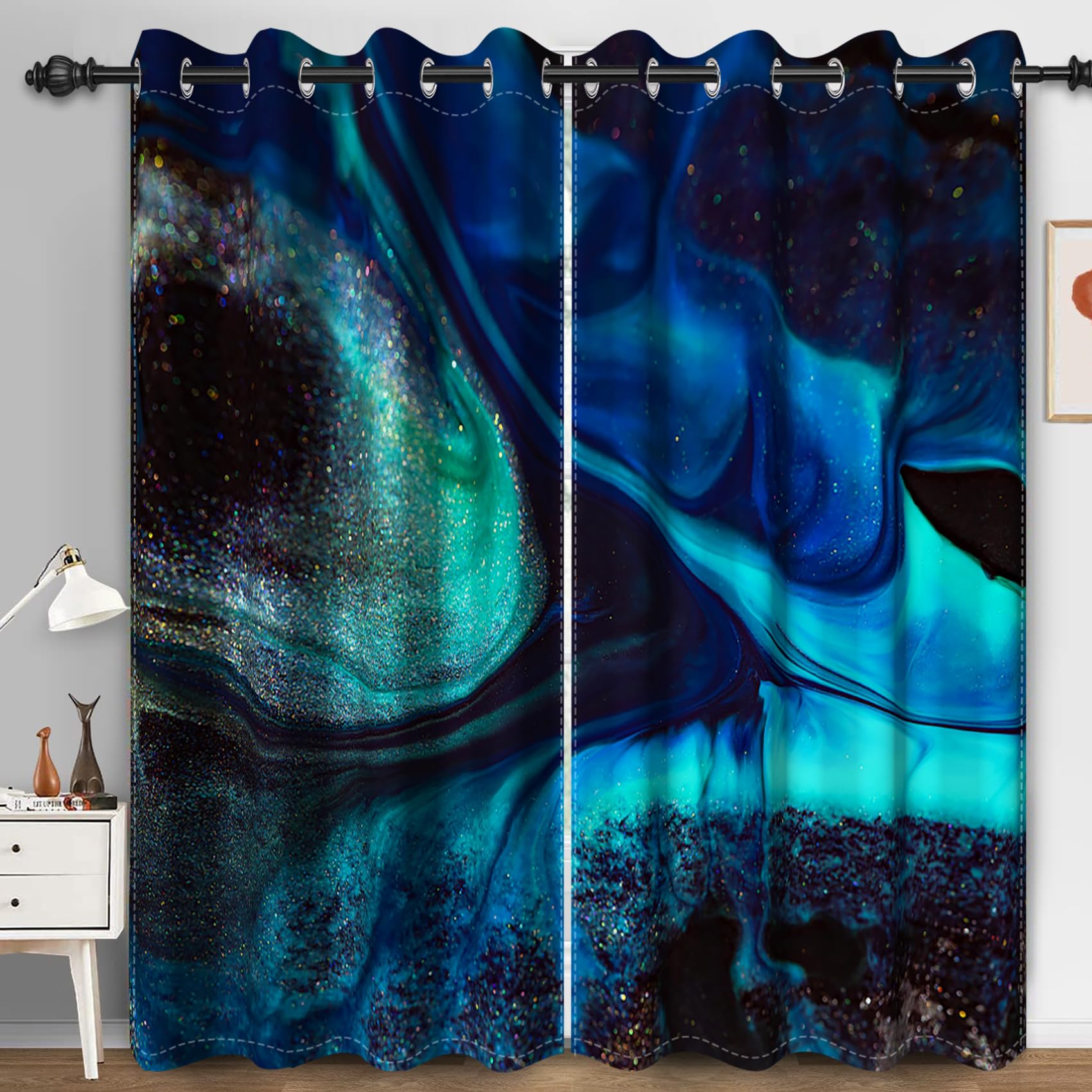 Bovlleetd Abstract Blue Marble Blackout Curtains Thermal Insulated Drapes Chic Ink Glitter Printed Curtains for Bedroom 55x88inch (Width x Length) Set 2 Panels