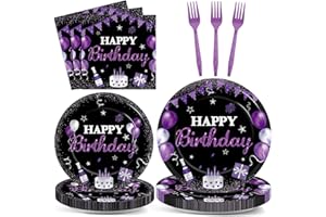 JUSTFORJOYFUL 96Pcs Purple Birthday Party Supplies Purple and Black Paper Plates Napkins Happy Birthday Party Tableware Set Purple Dinnerware for Women Girl Men Birthday Party Baby Shower Decoration Serve 24