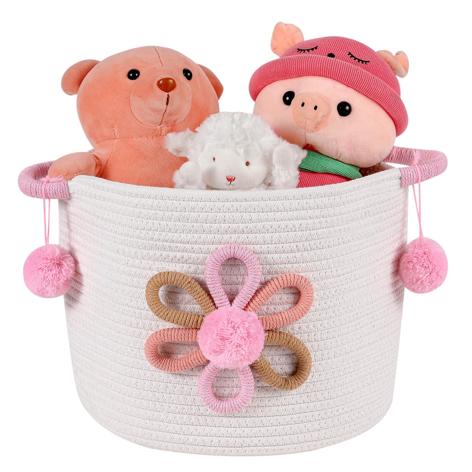 INough Toy Storage Baskets Cotton Rope Storage Basket with 3D Flower for Kids, Blanket Baskets for Living Room Toys Organizer with Handle Woven Basket for Gifts Empty Girls Baby Hamper Nursery Decor