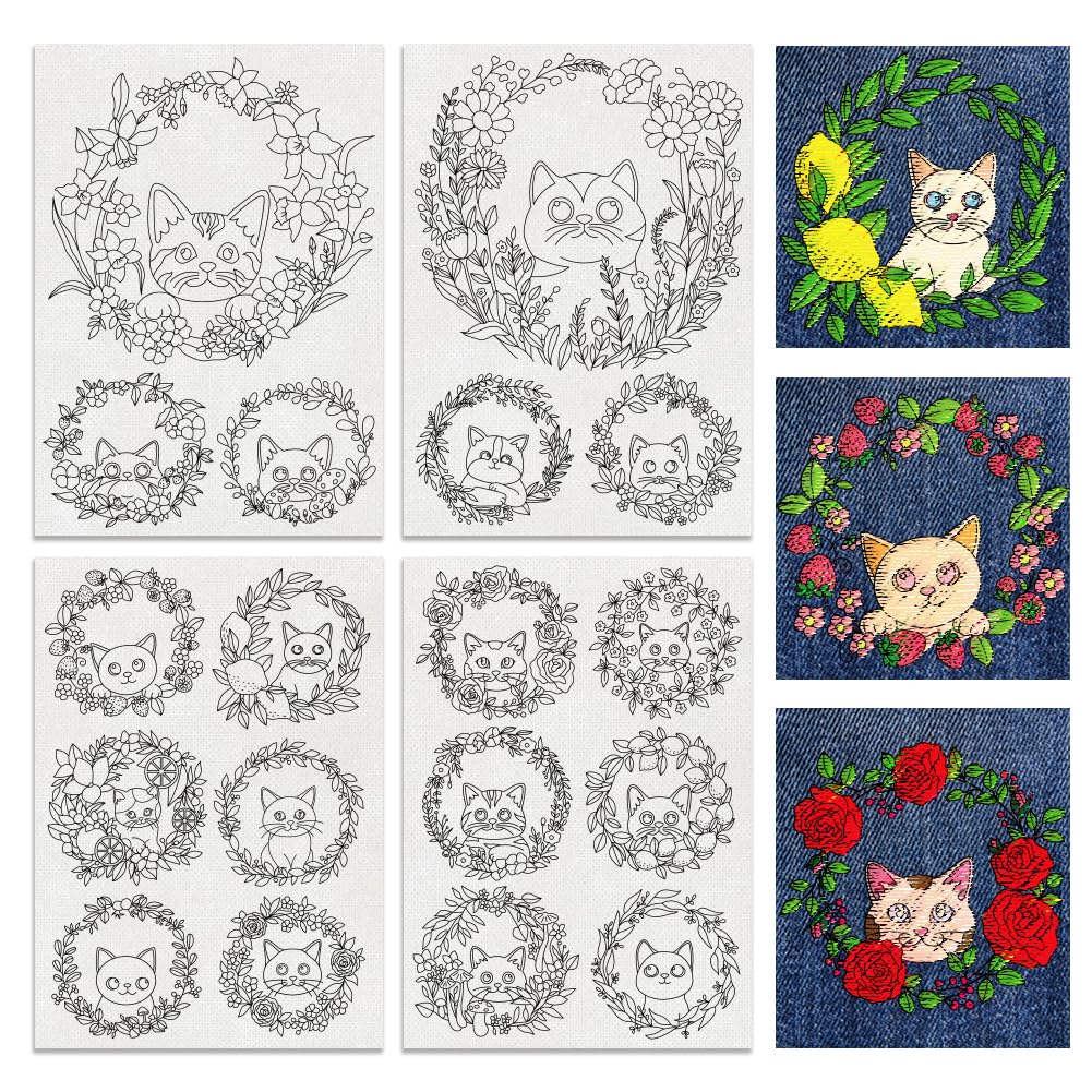 BENECREAT 20 pcs Water Soluble Embroidery Stabilizers, Cat with Wreath Embroidery Patterns Transfer Paper for Beginners, Stick and Stitch Embroidery Paper Wash Away