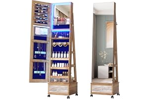 Vlsrka 360 Swivel Jewelry Armoire Organizer with Lights, Standing Jewelry Cabinet with Rotatable Full Length Mirror, Lockable with Rear Storage Shelves, Built-in Makeup Mirror