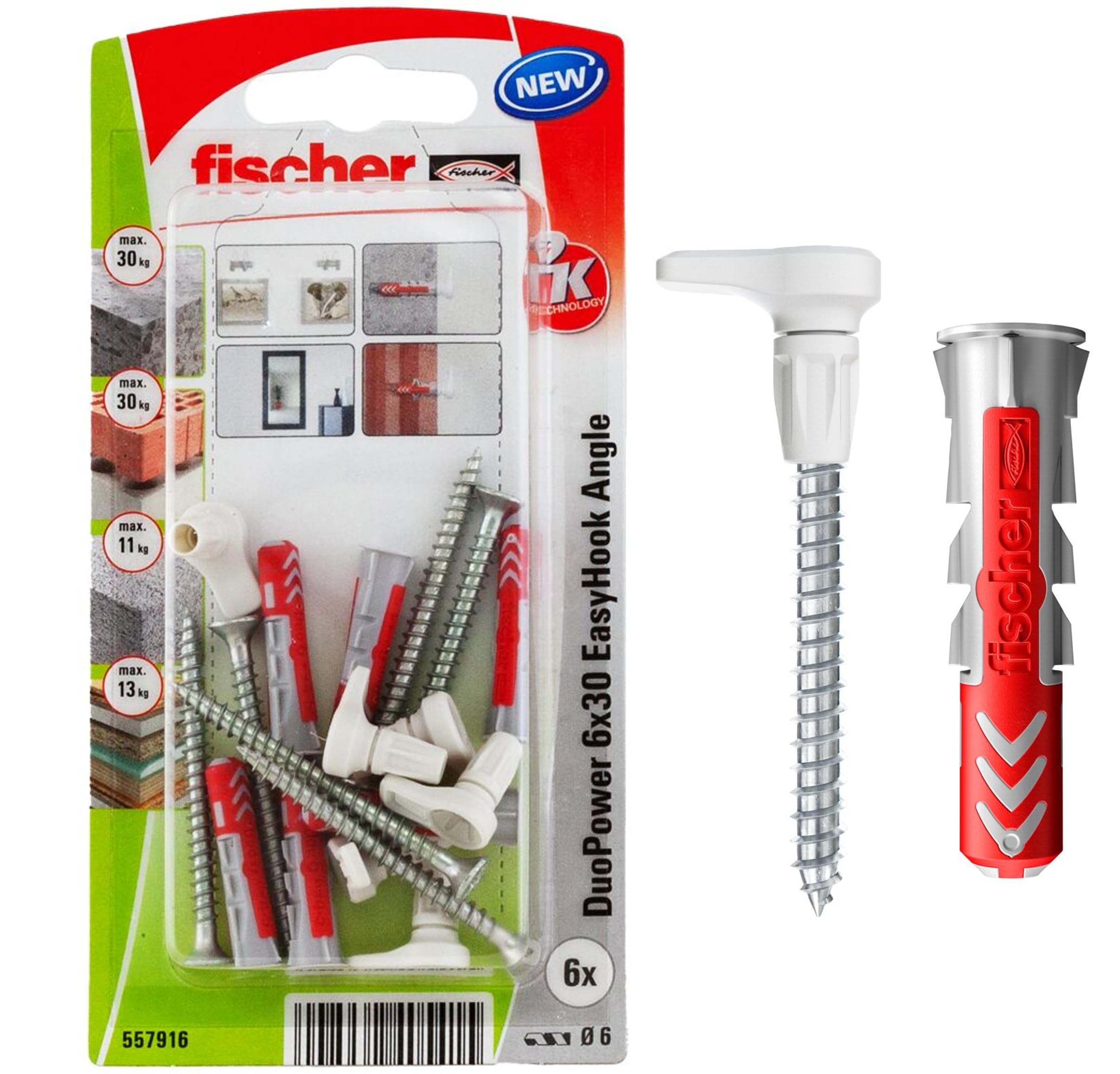 fischer EasyHook Angle K (6), set of 6 angled hook screws & DuoPower 6 x 30 plugs, chipboard screws with hooks, flexible screw hooks for mounting in numerous building materials