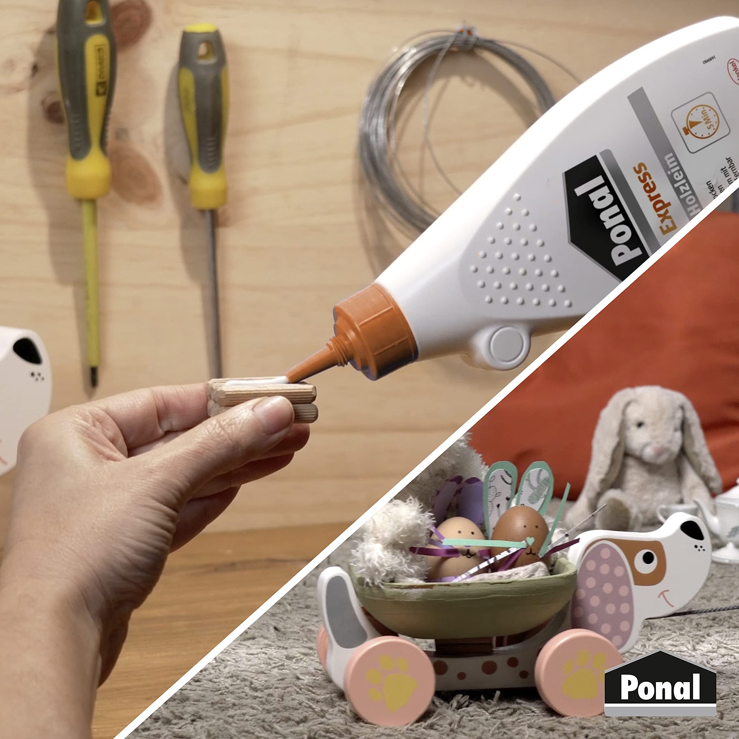 Ponal Express Holzleim, transparent und schnell trocknender Holzkleber für vielseitige Verleimungs- & Bastelarbeiten, wasserfester Leim in praktischer Flasche, 1x550g 5