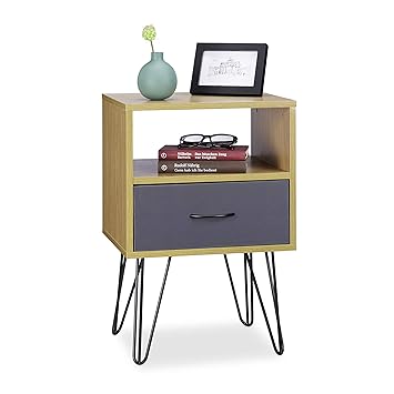 Relaxdays Retro Nightstand With Drawer Wood Look Metal Legs