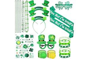 HOMJOY St Patricks Day Accessories Party Favors Set,Including 20 Shamrock Good Luck Coins 6 Necklace 6 Bracelets 2 Headband 2 Eyeglasses 2 Sash 40 Tattoo Sticker for St. Patrick Party Supplies Decorations