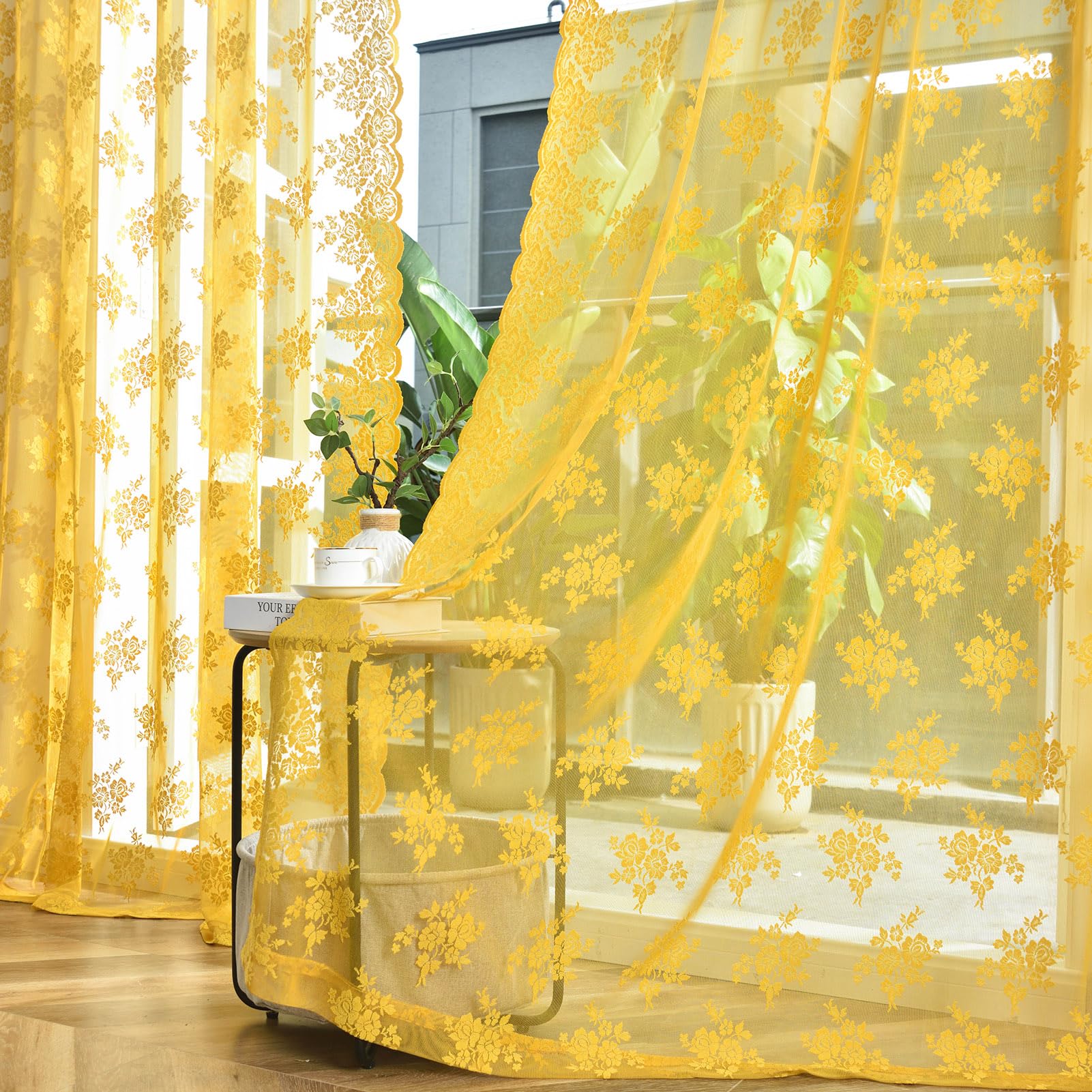 Photo 1 of Kotile Mustard Yellow Sheer Curtains 90 Inches Long, Country Rustic Floral Retro Gold Lace Curtains for Living Room Bedroom, Rod Pocket Light Filtering Privacy Boho Window Curtain Drapes, 52 x 90 Inch