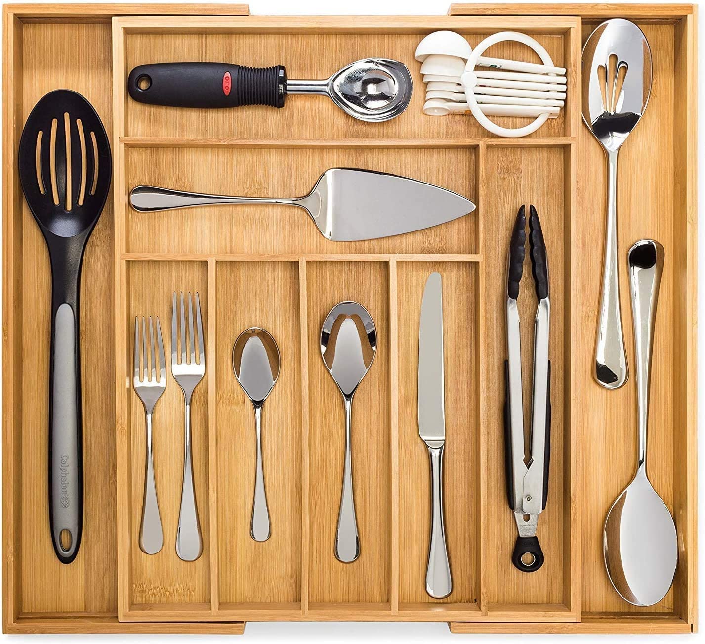 Dynamic Gear Bamboo Drawer Organizer (7–9 slots) | 100% Pure Bamboo Silverware Drawer Organiser | Wooden Cutlery Tray, Kitchen Organization, Utensil Divider/Holder | Wood Trays