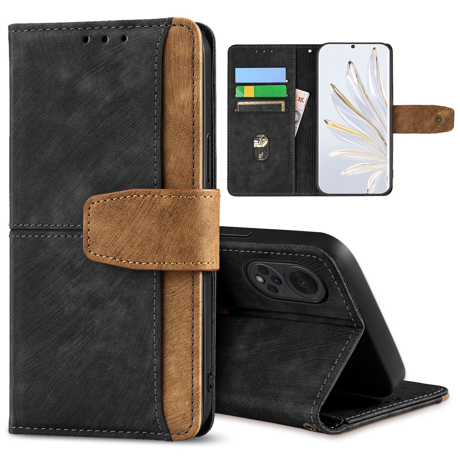 GANGANPRO Leather Business Cell Phone Holster for Honor 90 5G,Anti-Slip Scratch Resistant Flip Cover with Card Holder,Stand Feature Wallet Case 6.7 Inches - Black