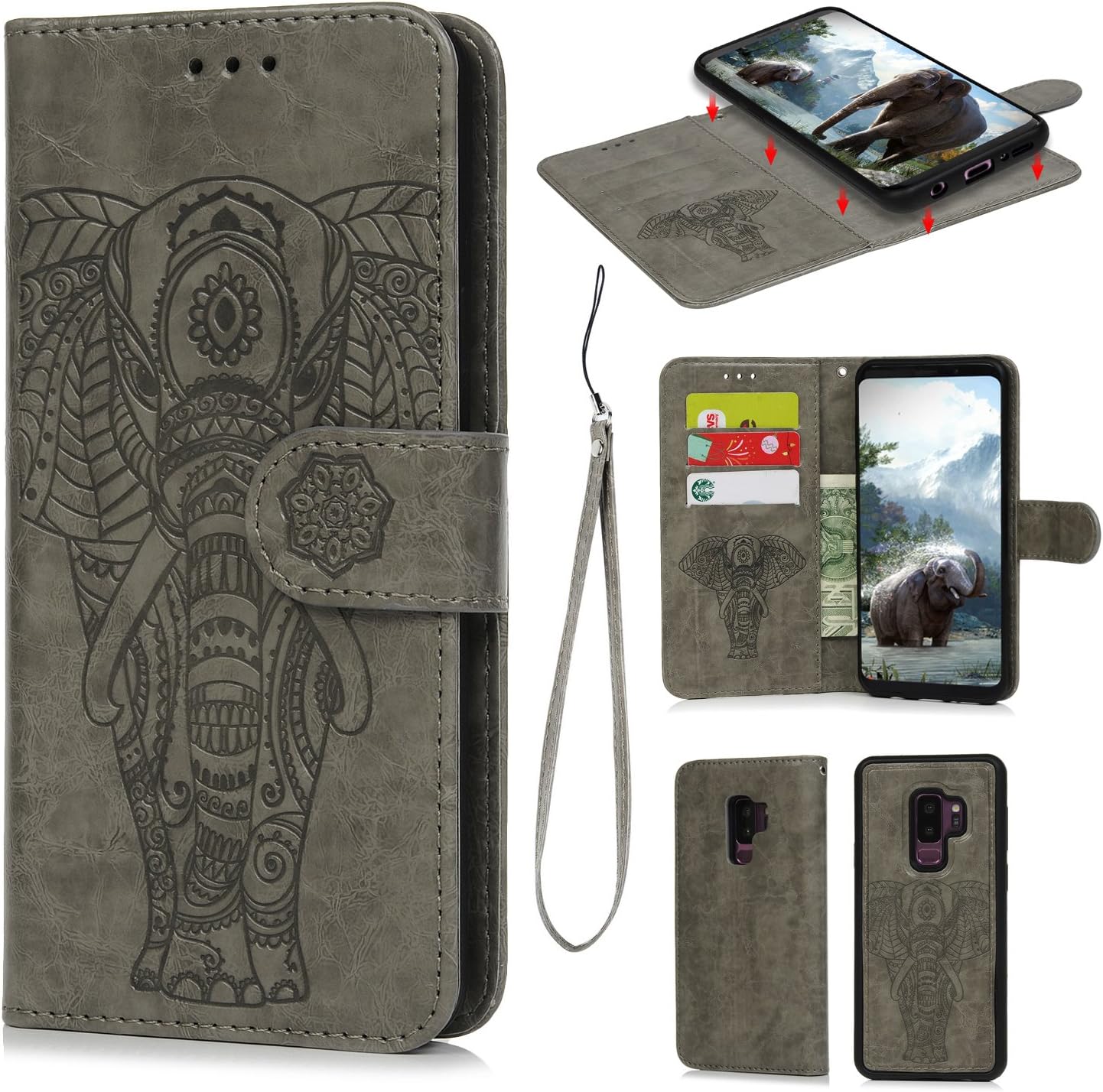 Samsung S9 Plus Case, Detachable 2 in 1 Classical Elephant Pattern Wallet Cover Case with Card Slots & Kickstand & Wrist Strap Folio Carrying Magnetic Closure Premium PU Leather Soft TPU Bumper Grey